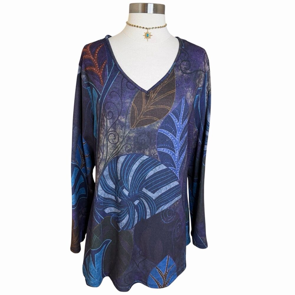 The Pyramid Collection 1X Purple Blue Leaf Abstract V Neck Knit Tunic Top Artsy